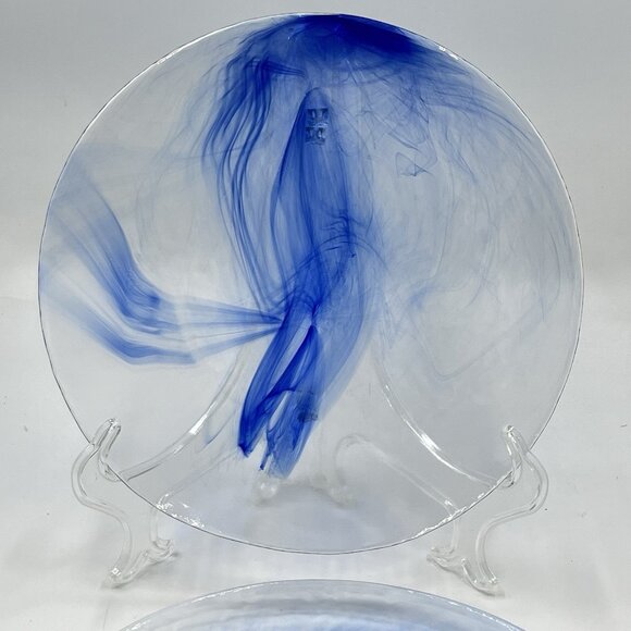 2 Bormioli Rocco Murano Cobalt Blue Swirl Clear Glass Dinner Plates 11” Vintage - Picture 3 of 6